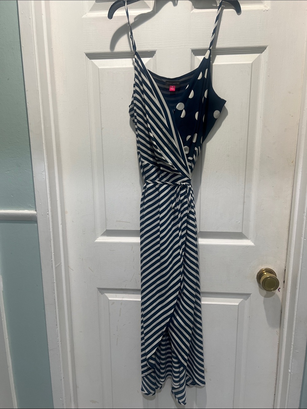 Vince Camuto Navy and White Mixed-Print Midi Wrap Dress